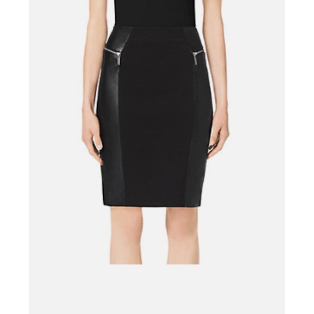 Michael Kors Black Stretch Pencil Skirt Faux Leather Panel Size 8 Womens